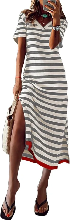 MARZXIN Women 2025 Casual Maxi Dress Short Sleeve V Neck Stripe Sundress Split Loose Long Summer Tshirt Activewear Dress