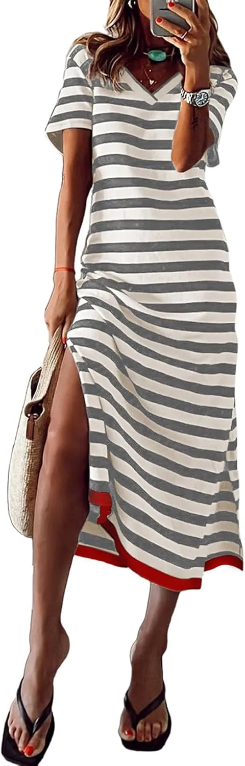 MARZXIN Women 2025 Casual Maxi Dress Short Sleeve V Neck Stripe Sundress Split Loose Long Summer Tshirt Activewear Dress