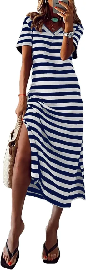 MARZXIN Women 2025 Casual Maxi Dress Short Sleeve V Neck Stripe Sundress Split Loose Long Summer Tshirt Activewear Dress