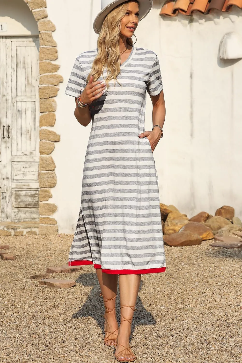 MARZXIN Women 2025 Casual Maxi Dress Short Sleeve V Neck Stripe Sundress Split Loose Long Summer Tshirt Activewear Dress