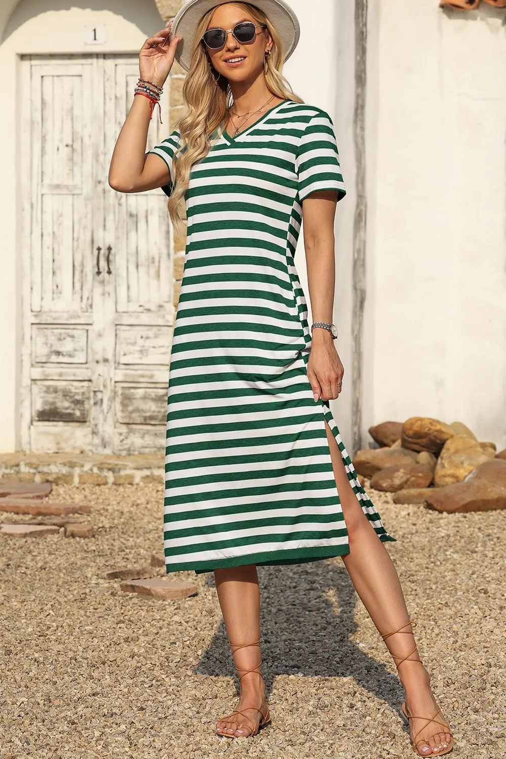 MARZXIN Women 2025 Casual Maxi Dress Short Sleeve V Neck Stripe Sundress Split Loose Long Summer Tshirt Activewear Dress