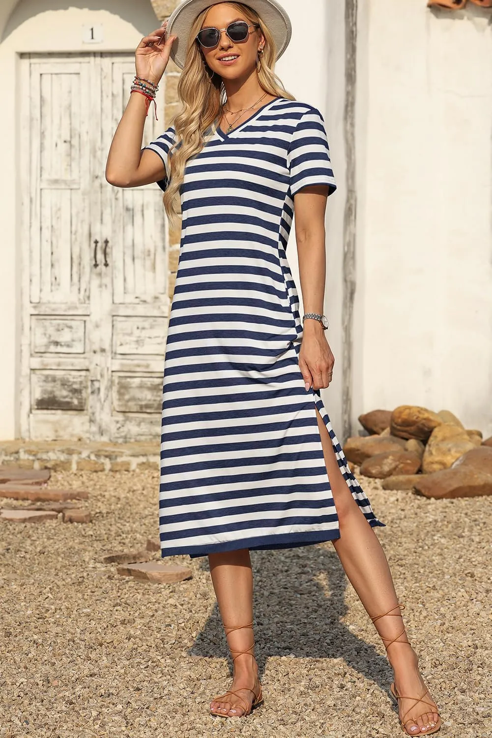 MARZXIN Women 2025 Casual Maxi Dress Short Sleeve V Neck Stripe Sundress Split Loose Long Summer Tshirt Activewear Dress