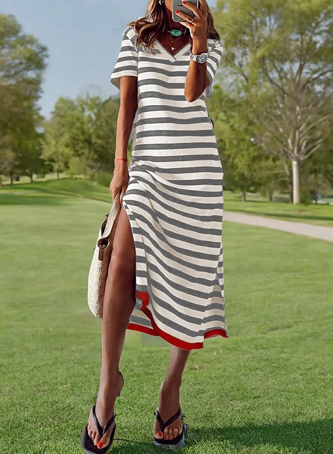 MARZXIN Women 2025 Casual Maxi Dress Short Sleeve V Neck Stripe Sundress Split Loose Long Summer Tshirt Activewear Dress
