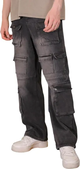 Mens Baggy Cargo Jeans Wide Leg Streetwear Jeans Loose Fit Hip Hop Denim Pants