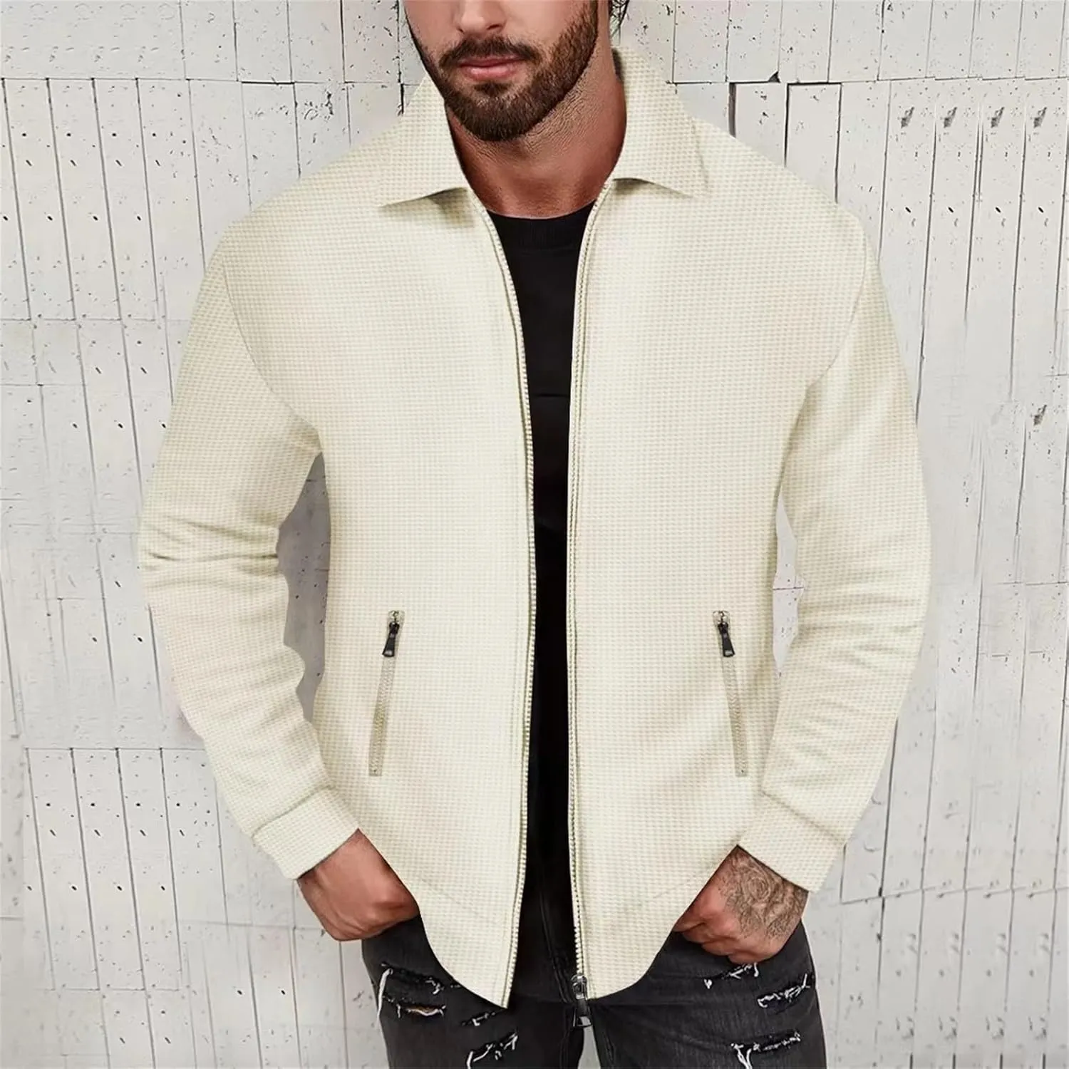 Mens Fleece Jackets Lightweight Full Zip Up Shawl Collar Waffle Knit Track Jackets Long Sleeve Casual Running Jacket