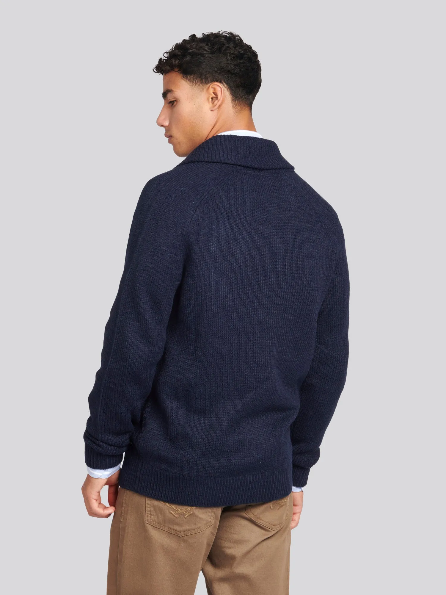 Mens Heavyweight Aran Knit Shawl Cardigan in Navy Blue