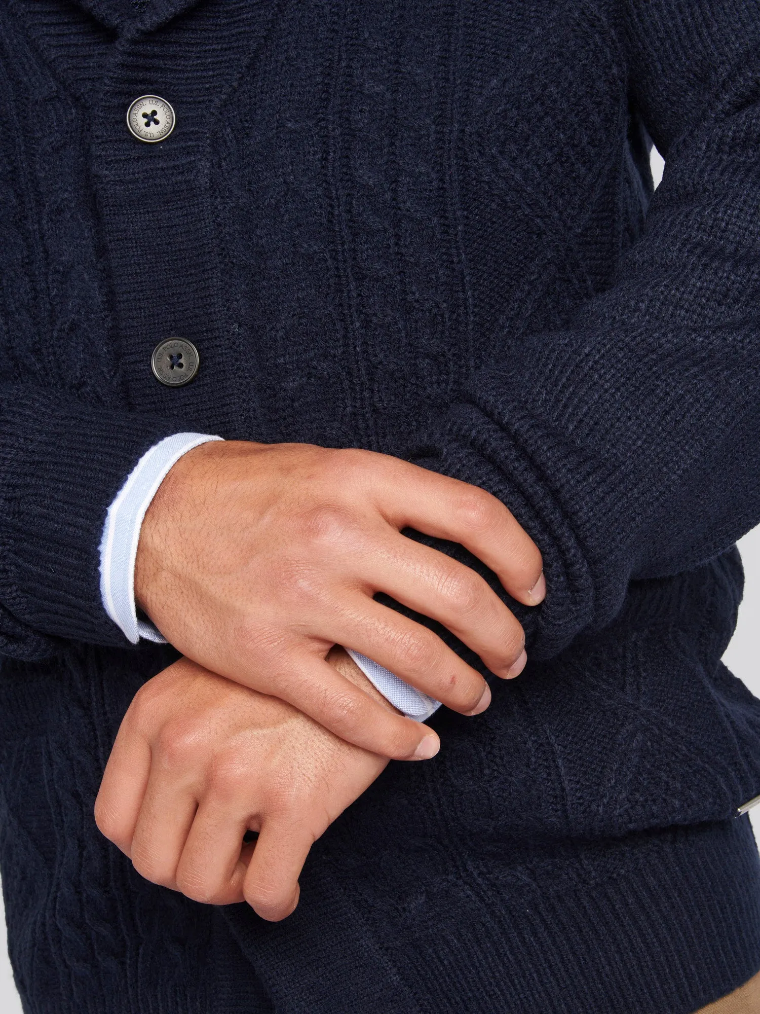 Mens Heavyweight Aran Knit Shawl Cardigan in Navy Blue