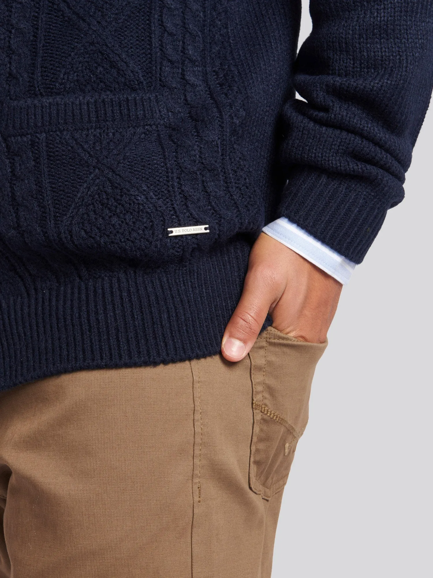 Mens Heavyweight Aran Knit Shawl Cardigan in Navy Blue