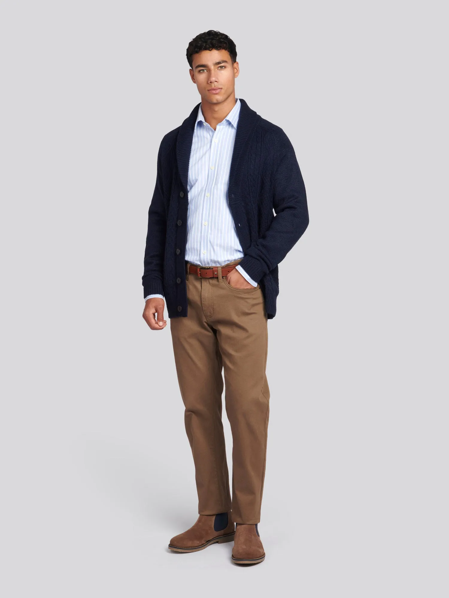 Mens Heavyweight Aran Knit Shawl Cardigan in Navy Blue