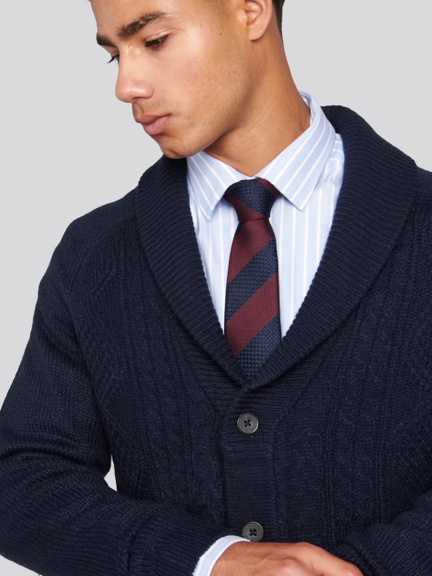 Mens Heavyweight Aran Knit Shawl Cardigan in Navy Blue