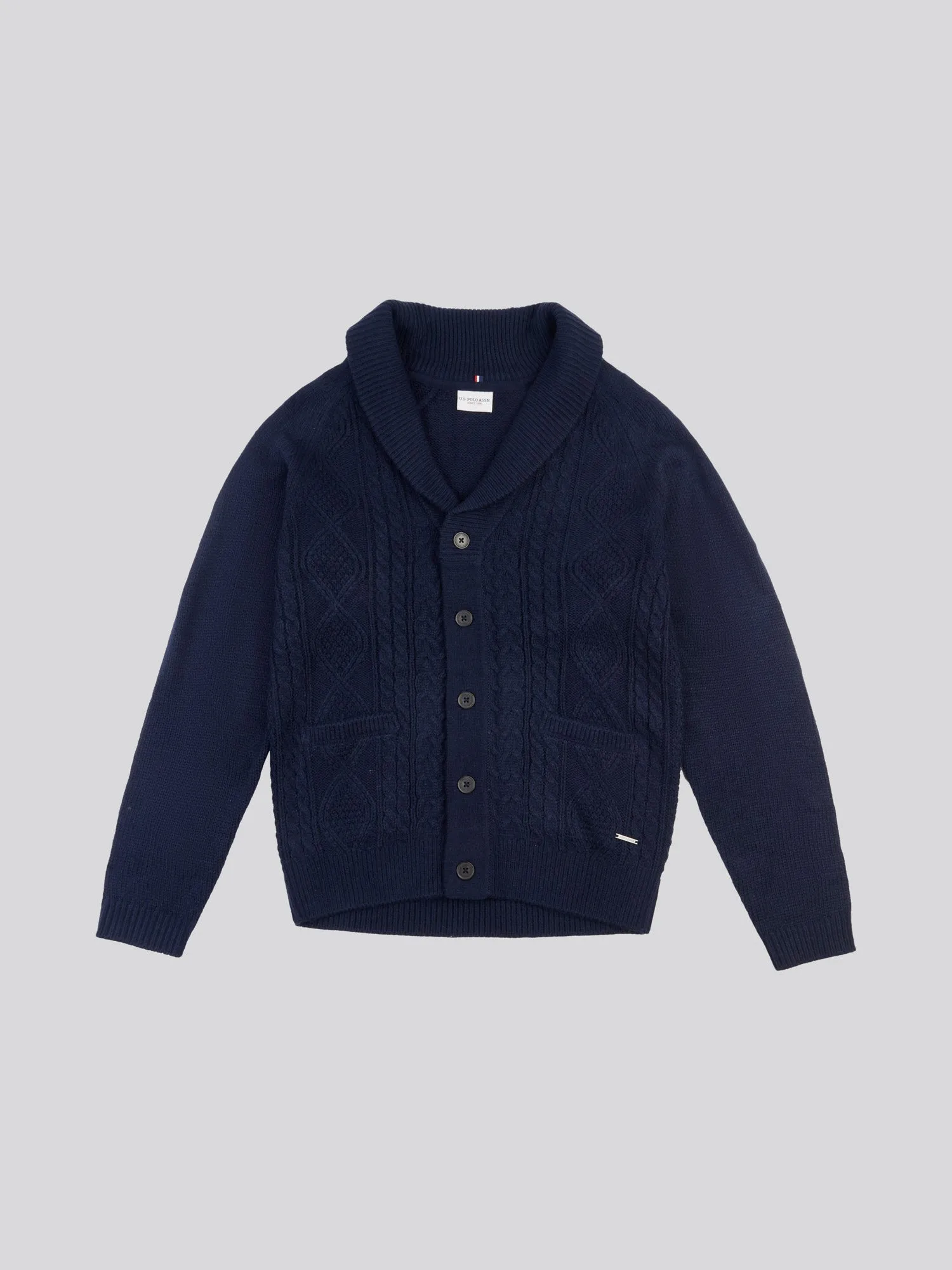 Mens Heavyweight Aran Knit Shawl Cardigan in Navy Blue