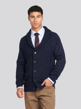 Mens Heavyweight Aran Knit Shawl Cardigan in Navy Blue
