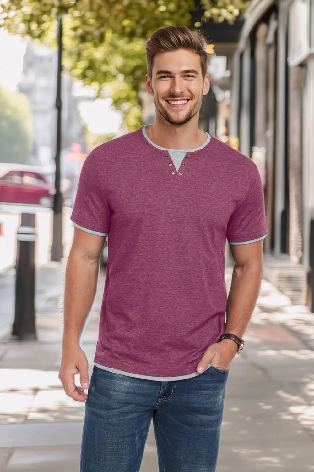 Men's Henley T-Shirt Short Sleeve Casual Lightweight Pullover Shirts Soft Stretch Basic Tees V Neck Metal Design Tops
