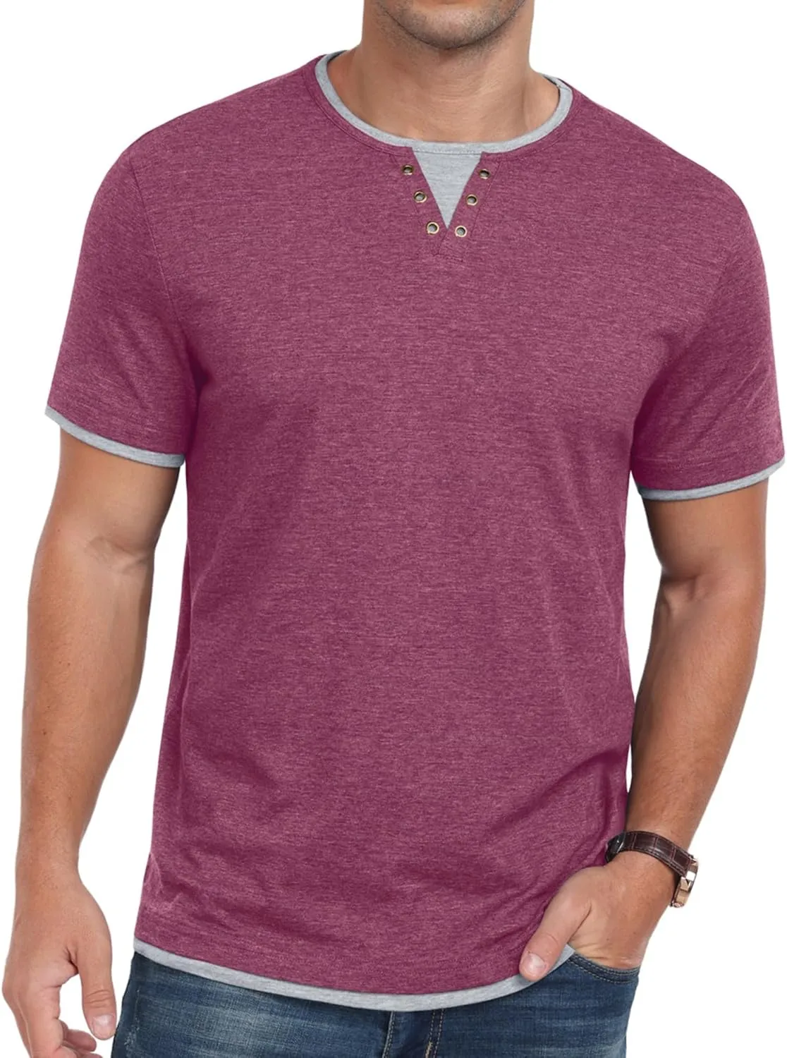 Men's Henley T-Shirt Short Sleeve Casual Lightweight Pullover Shirts Soft Stretch Basic Tees V Neck Metal Design Tops