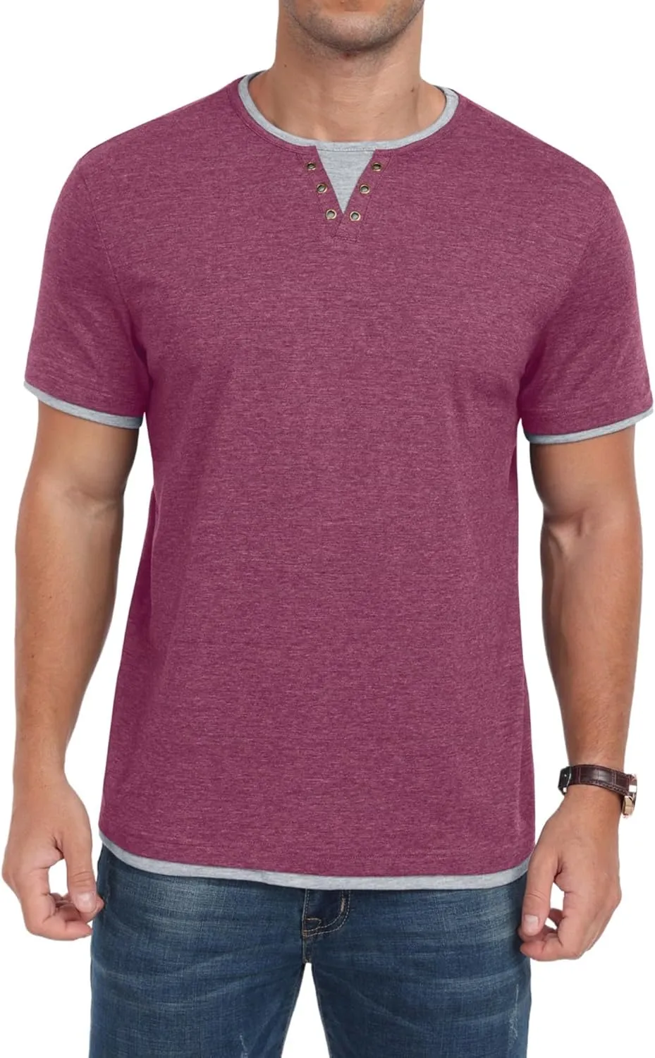 Men's Henley T-Shirt Short Sleeve Casual Lightweight Pullover Shirts Soft Stretch Basic Tees V Neck Metal Design Tops