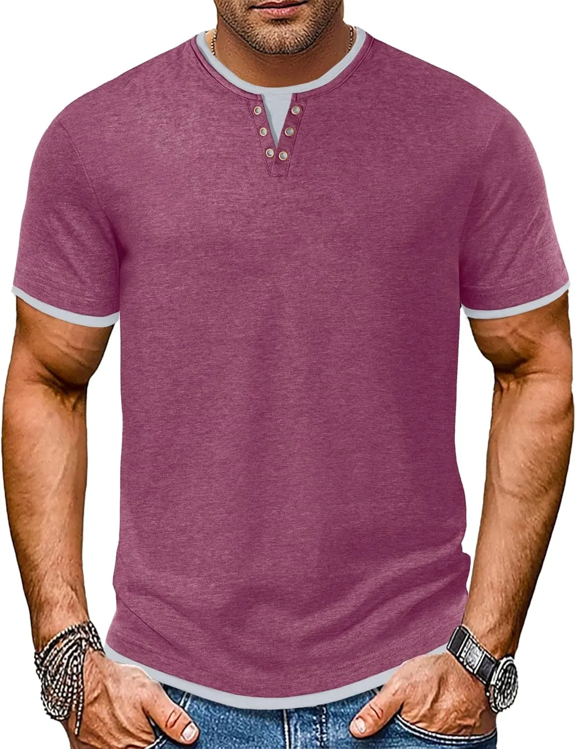 Men's Henley T-Shirt Short Sleeve Casual Lightweight Pullover Shirts Soft Stretch Basic Tees V Neck Metal Design Tops