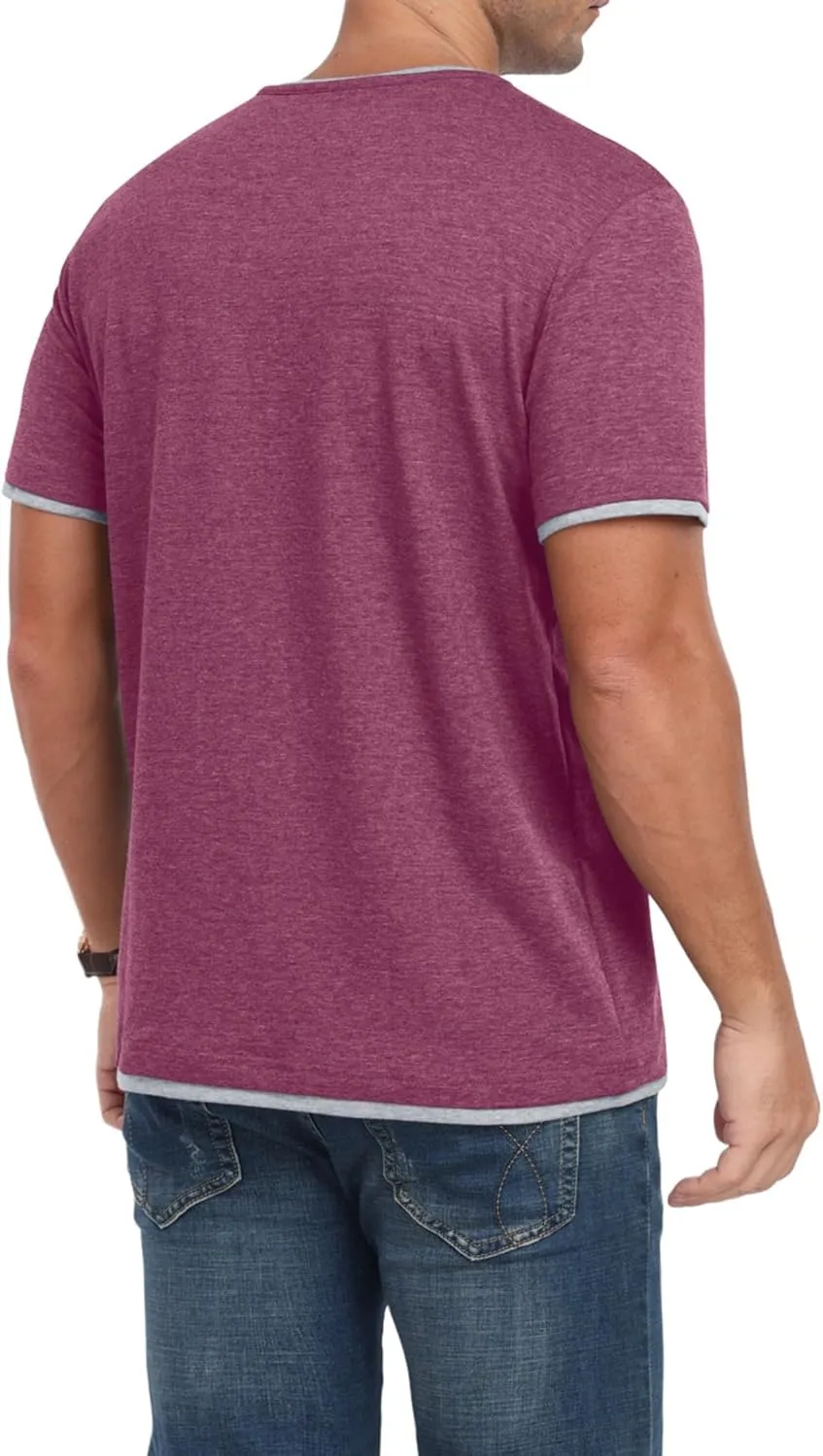 Men's Henley T-Shirt Short Sleeve Casual Lightweight Pullover Shirts Soft Stretch Basic Tees V Neck Metal Design Tops