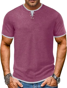 Men's Henley T-Shirt Short Sleeve Casual Lightweight Pullover Shirts Soft Stretch Basic Tees V Neck Metal Design Tops