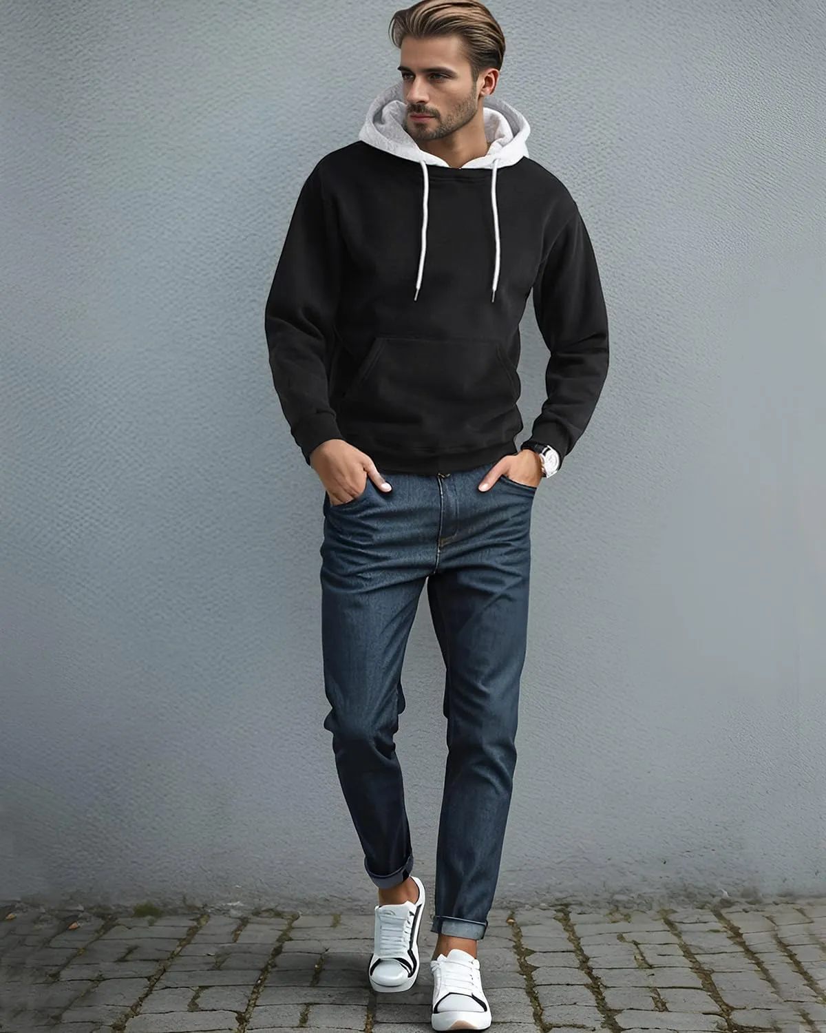 Mens Hoodies Pullover Color Block Fleece Long Sleeve Sweatshirt Tops with Pocket