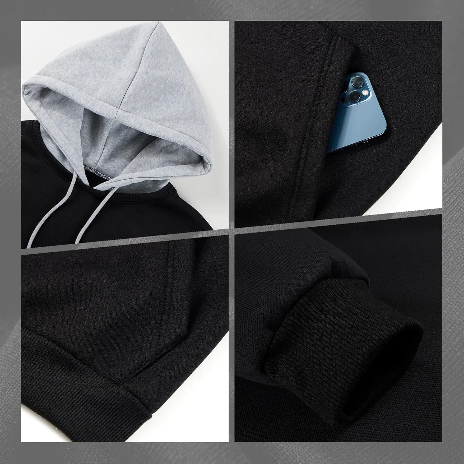 Mens Hoodies Pullover Color Block Fleece Long Sleeve Sweatshirt Tops with Pocket