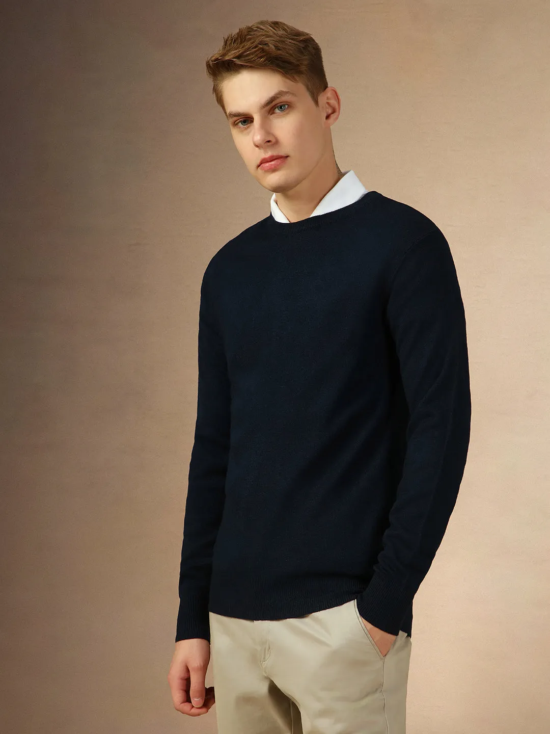 Men's Navy Crew Neck Full Sleeves Slim Fit Pullover Sweater
