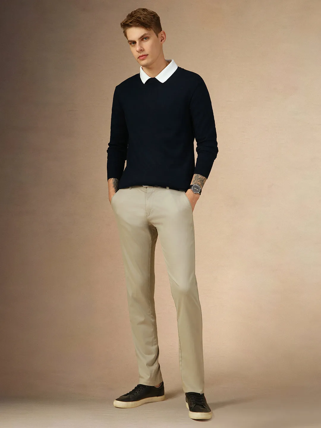 Men's Navy Crew Neck Full Sleeves Slim Fit Pullover Sweater