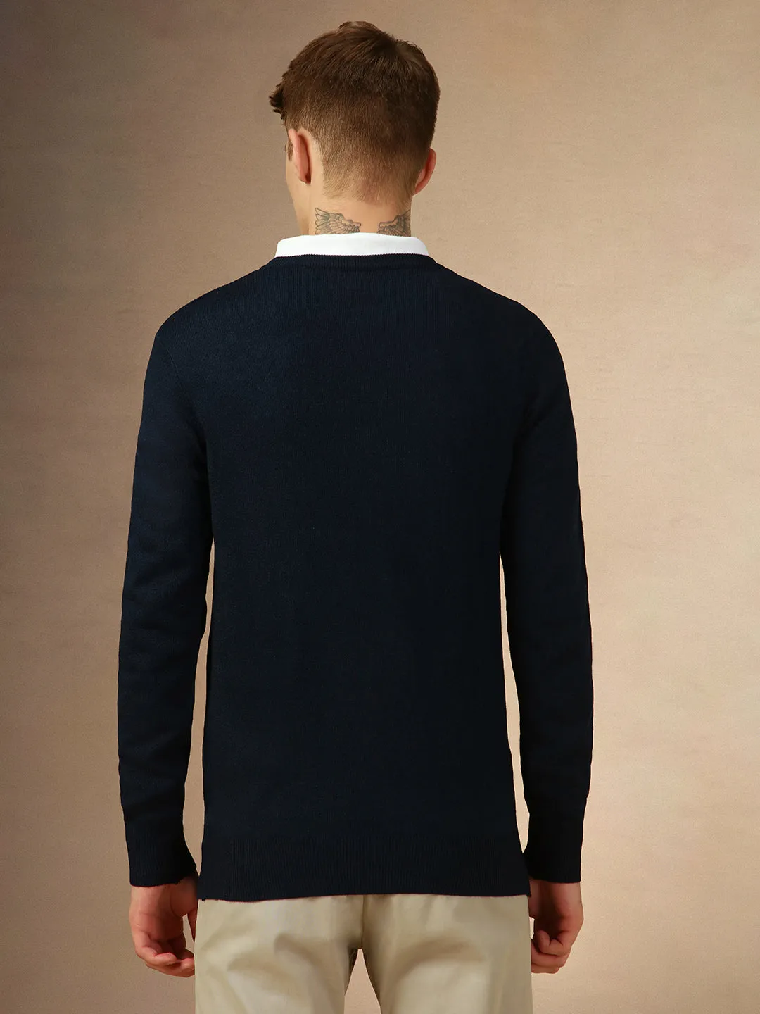 Men's Navy Crew Neck Full Sleeves Slim Fit Pullover Sweater