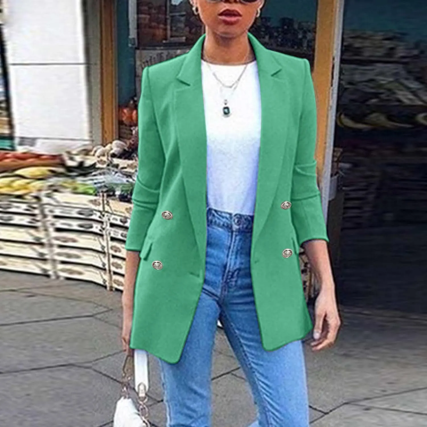 Miyaomn Womens Solid Color Casual Office Blazer Suit Jacket Slim Fit Double Breasted Notched Shawl Collar Sports Coat Outwear