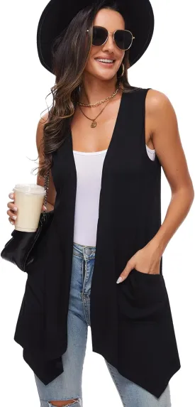 Moss Rose Women's Sleeveless Cardigan Vest Draped Open Front Cardigans Asymmetric Hem