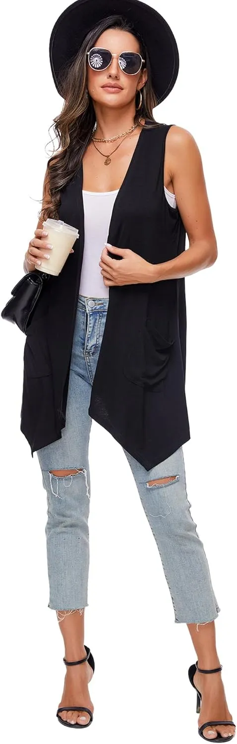 Moss Rose Women's Sleeveless Cardigan Vest Draped Open Front Cardigans Asymmetric Hem
