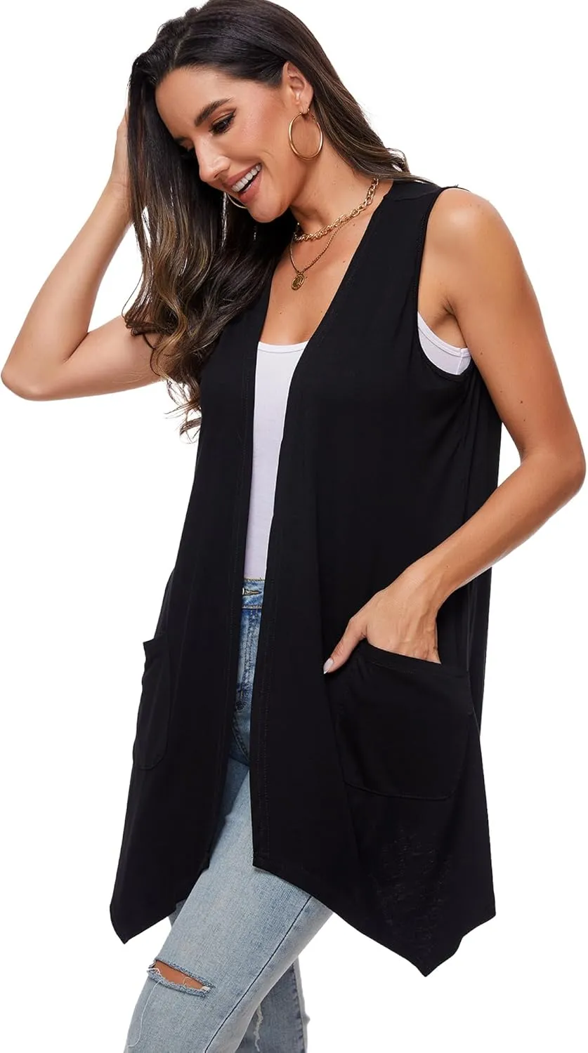 Moss Rose Women's Sleeveless Cardigan Vest Draped Open Front Cardigans Asymmetric Hem