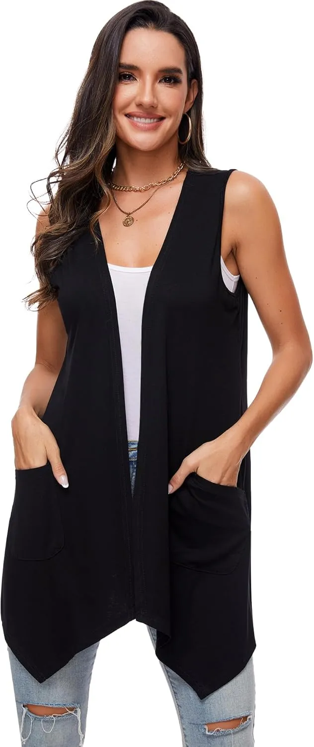 Moss Rose Women's Sleeveless Cardigan Vest Draped Open Front Cardigans Asymmetric Hem