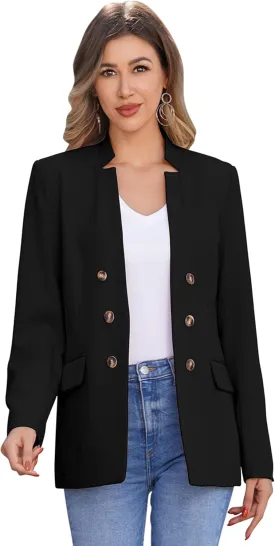 OBEEII Women's Long Sleeve Stand Collar Casual Blazers Jacket Elegant Business Office Blazer with Pockets