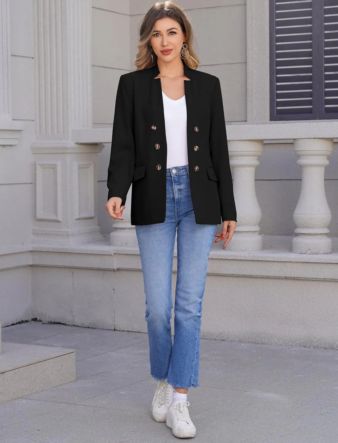 OBEEII Women's Long Sleeve Stand Collar Casual Blazers Jacket Elegant Business Office Blazer with Pockets