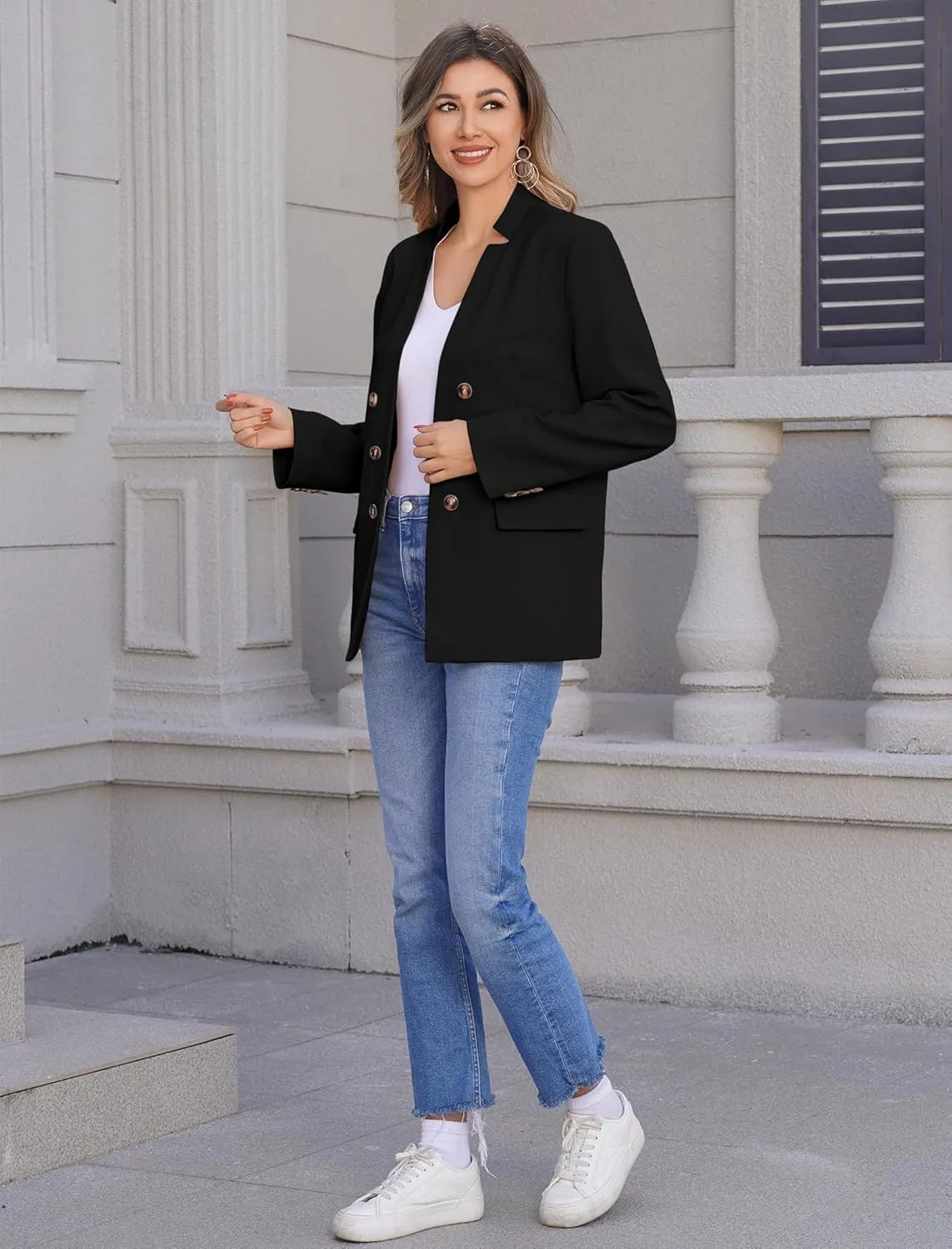 OBEEII Women's Long Sleeve Stand Collar Casual Blazers Jacket Elegant Business Office Blazer with Pockets