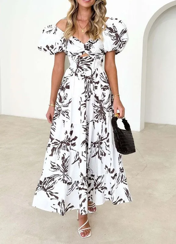 Pretty Floral Blue/White Puff Sleeve Maxi Dress