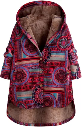 RMXEi Ladies Long Sleeve Zipper Hooded Thick Composite Plush Vintage Flower Print Plus Size Hooded Jacket