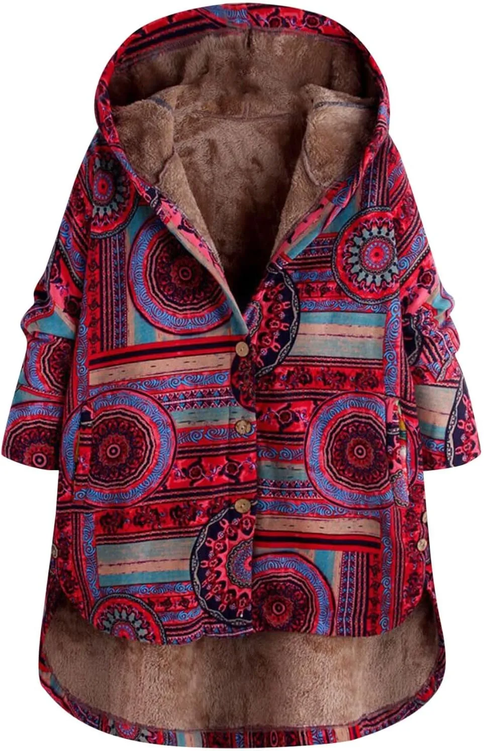 RMXEi Ladies Long Sleeve Zipper Hooded Thick Composite Plush Vintage Flower Print Plus Size Hooded Jacket