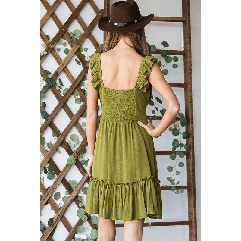 Ruched waist ruffled sleeveless dress