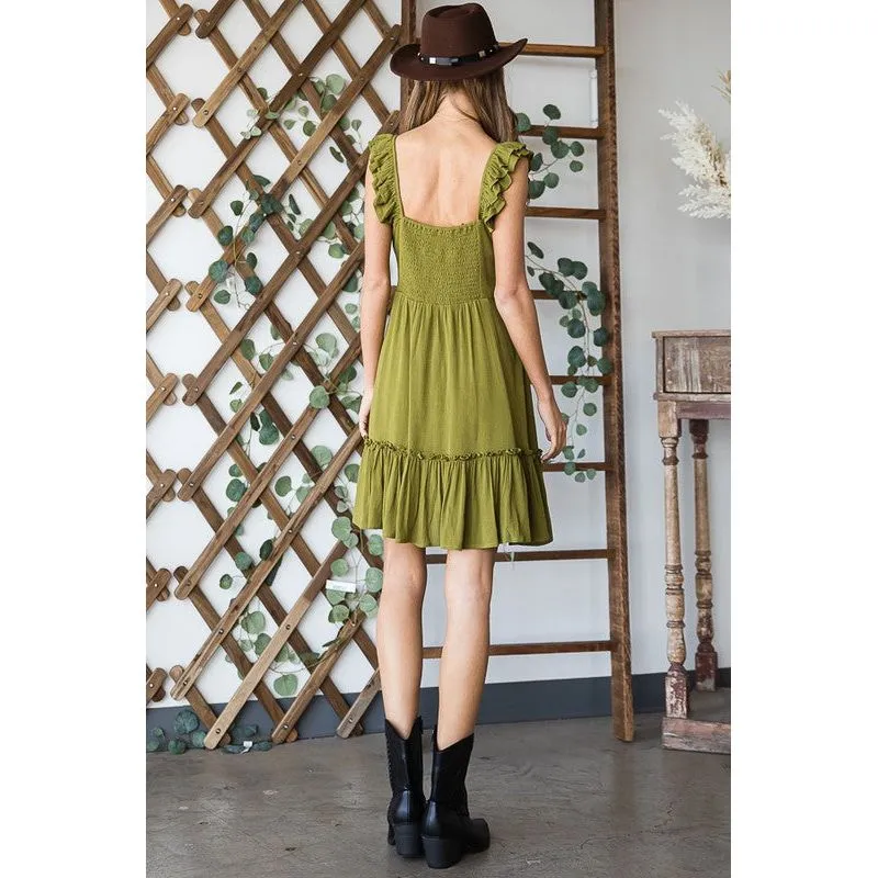 Ruched waist ruffled sleeveless dress