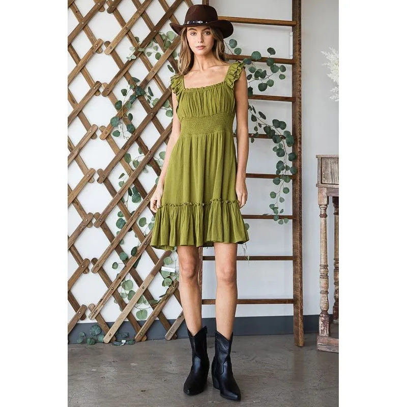 Ruched waist ruffled sleeveless dress