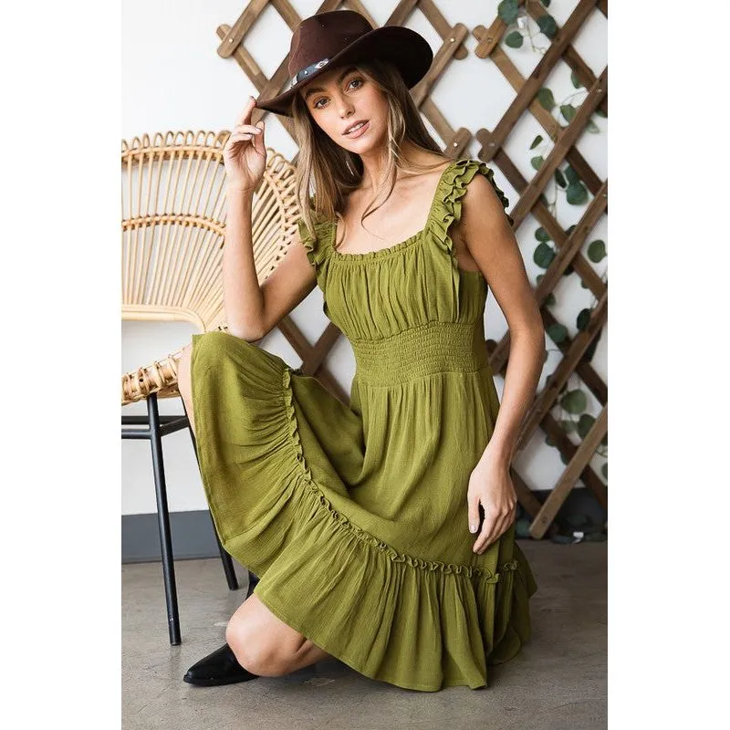 Ruched waist ruffled sleeveless dress