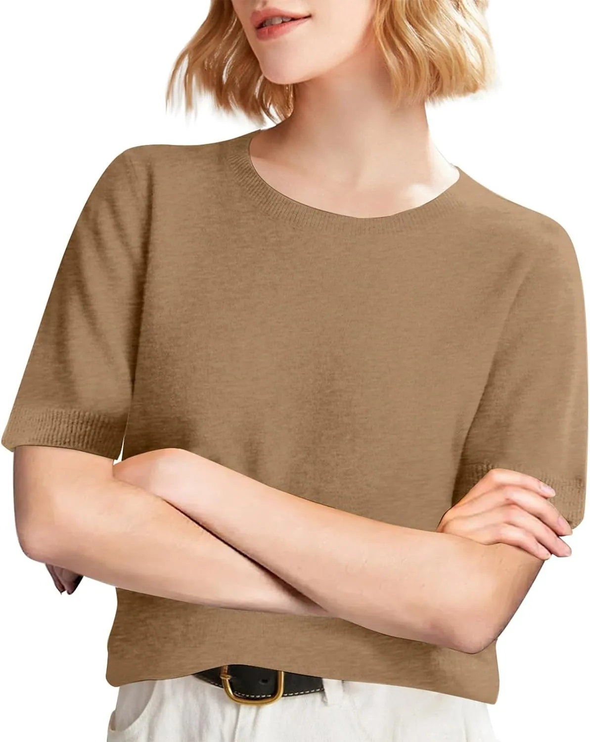 Short Sleeve Sweater Tops for Women Cute Lightweight Crew Neck T Shirts Plain Relaxed Fit Business Casual Tops