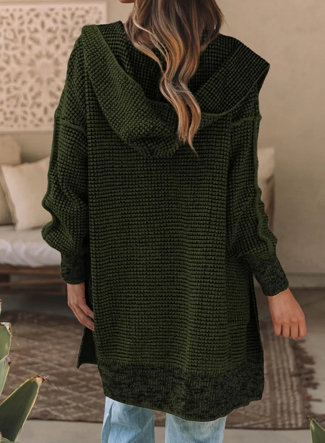 Sidefeel Women's Cardigan Sweaters Hooded Oversized Open Front Chunky Knit Plaid Sweater Coat Fall Fashion Tops