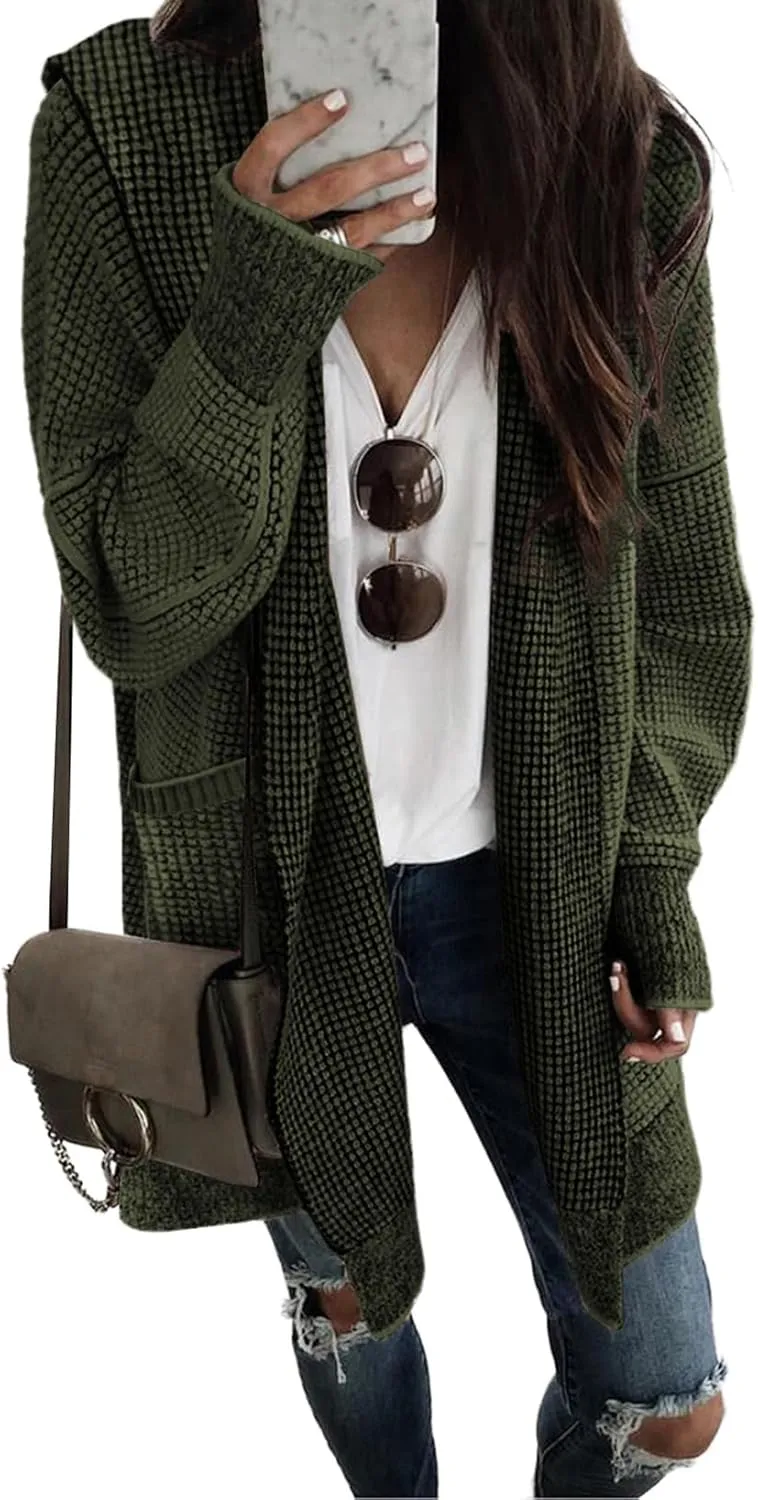 Sidefeel Women's Cardigan Sweaters Hooded Oversized Open Front Chunky Knit Plaid Sweater Coat Fall Fashion Tops