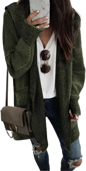 Sidefeel Women's Cardigan Sweaters Hooded Oversized Open Front Chunky Knit Plaid Sweater Coat Fall Fashion Tops