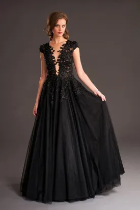 Sleeve Lace Plunging Neckline Gown - Black