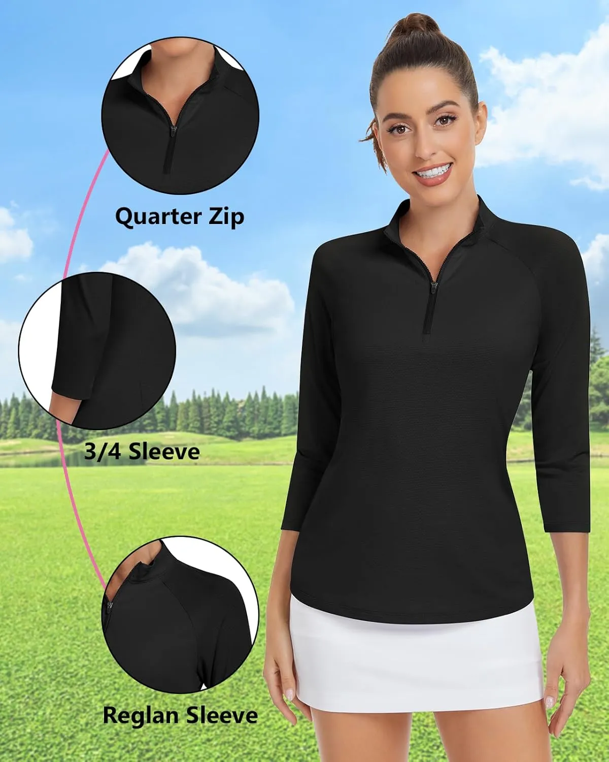 Soneven Womens 3/4 Sleeve Shirt UPF 50  Moisture Wicking Golf Polo Shirt for Casual Work