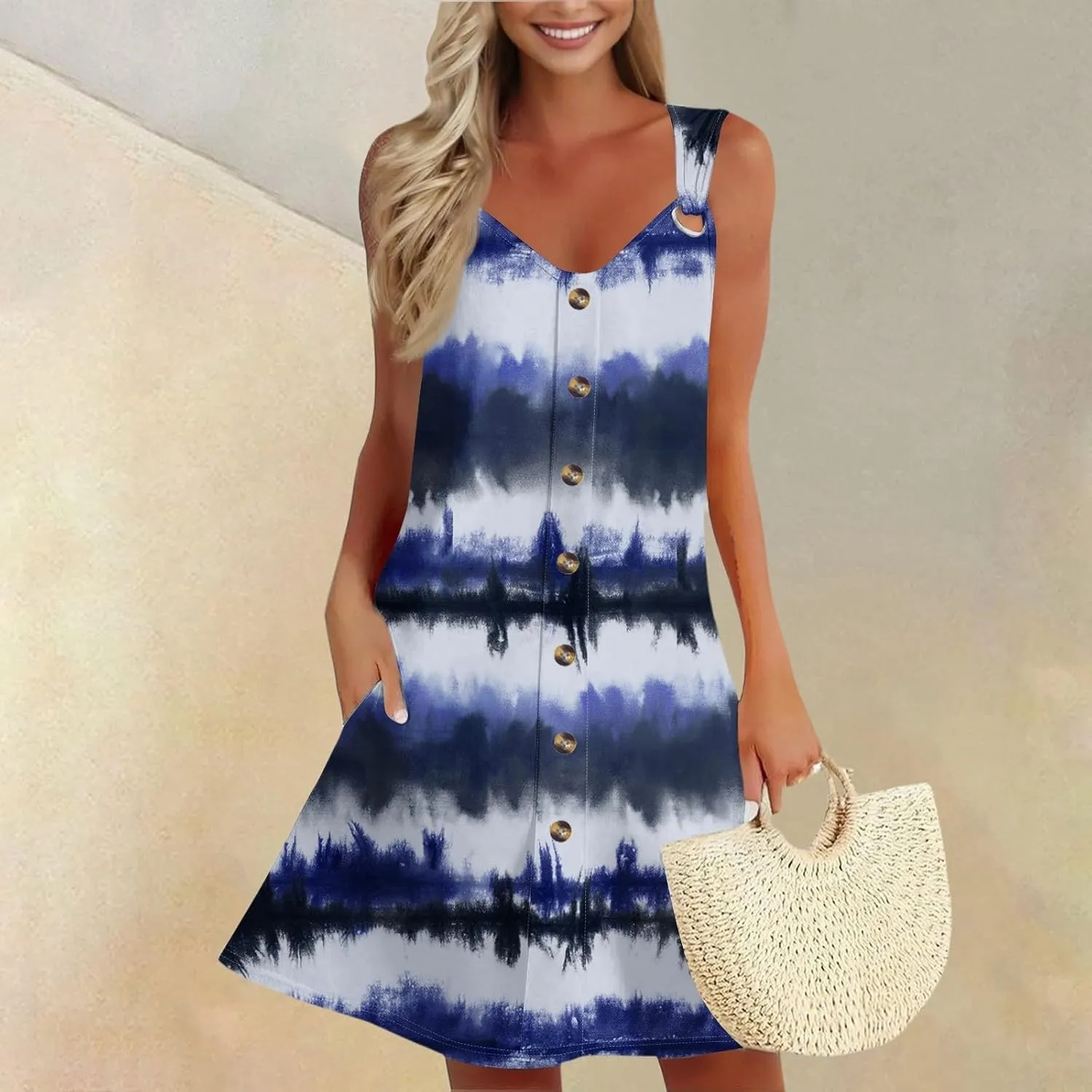 Summer Dresses for Women 2025 Vacation Sleeveless Plus Size Beach Sundresses V Neck Casual Tank Dress with Pockets