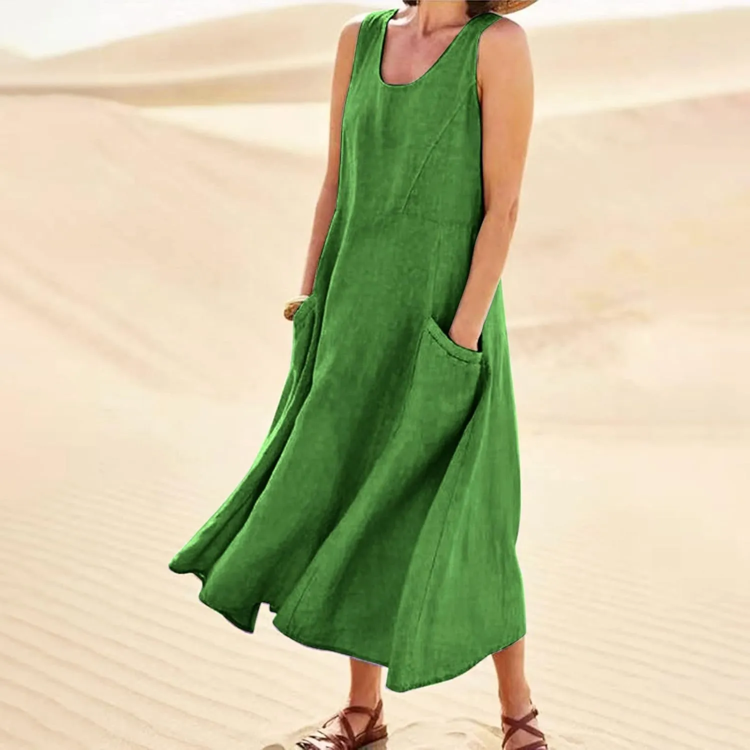 Summer Dresses for Women 2025,Linen Summer Sleeveless Solid Casual Baggy Flowy Maxi Vacation Long Dresses with Pockets